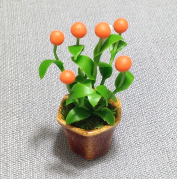 Orange Roses Clay Flower Pot Dollhouse Miniature Collection Home Decor Gift