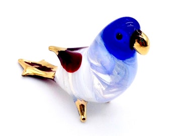 Hand Blown Glass Miniature Funny Parrot Exotic Bird Animal Cute Blue White Figurine Statue Decoration Collectible Small Craft Hand Painted