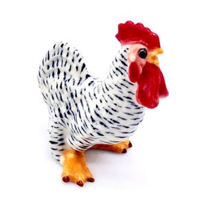 Miniature Ceramic Rooster Hen Chicken Animal Little Black White Figurine Tiny Statue Small Decoration Hand Painted Collectible Figure