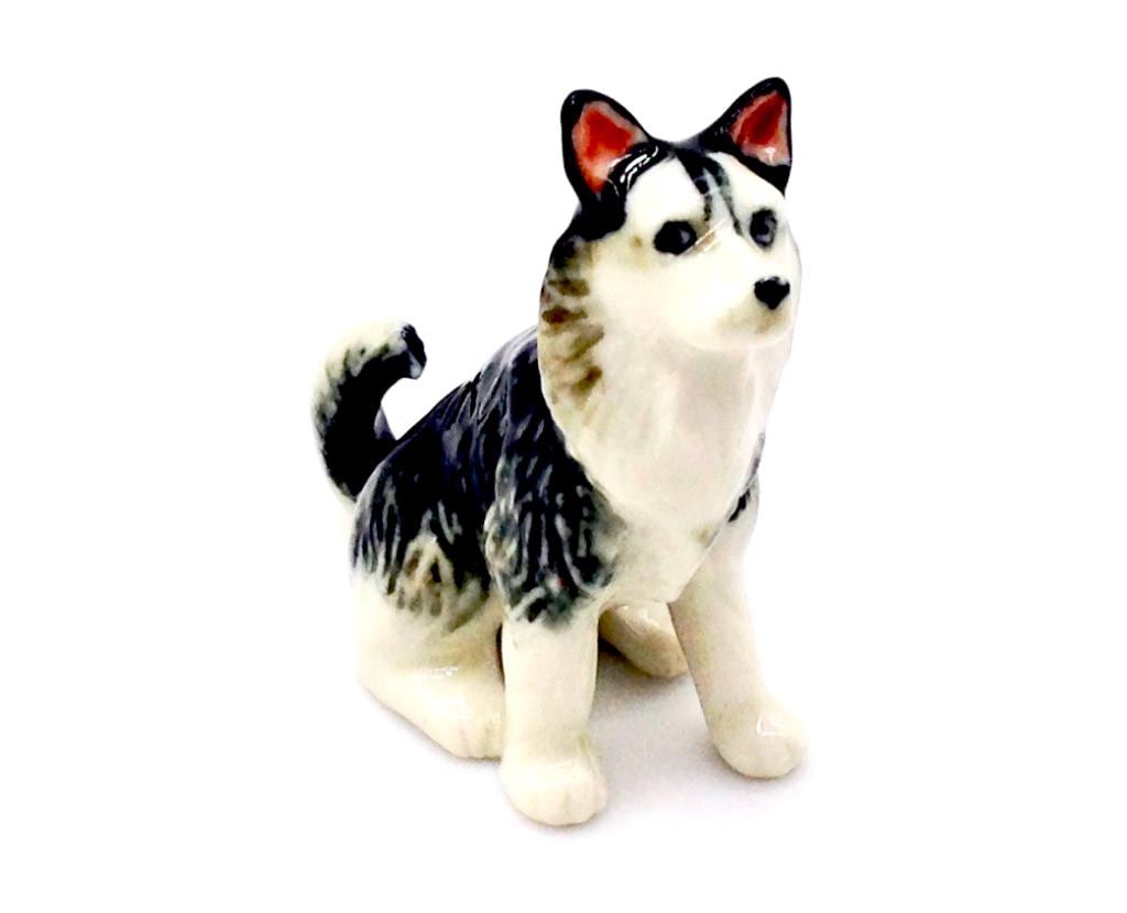 Miniature Ceramic Siberian Husky Sit Dog Animal Cute White Grey Black Figurine Small Statue Tiny Decoration Collectible Hand Painted Figure