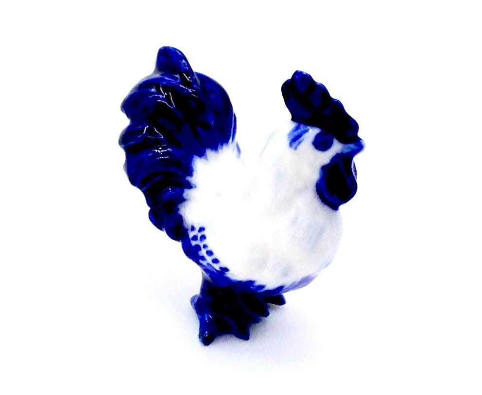 Miniature Ceramic Rooster Chicken Farm Animal Cute Little White Blue Figurine Small Statue Tiny Decoration Hand Painted Collectible Figure