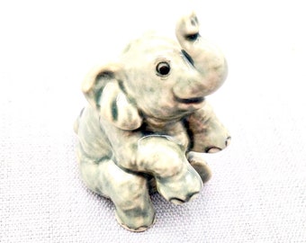 Miniature Ceramic Elephant Animal Sitting Cute Little Small Grey Figurine Statue Figure Decoration Hand Painted Craft Display Collectible