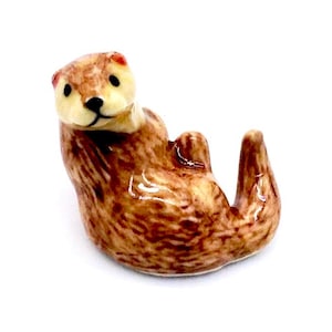 Miniature Ceramic Otter Animal Little Orange Beige Brown Funny Figurine Tiny Statue Small Decoration Hand Painted Collectible Figure Deco