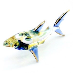 Shark Miniature Glass Sea Fish Animal Cute Blue Yellow Gold Figurine Hand Blown Small Statue Tiny Decoration Collectible Craft Painted Deco