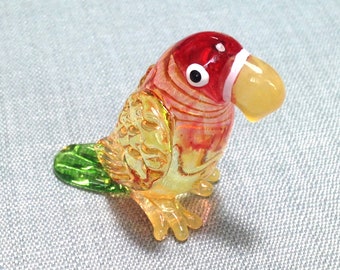 Hand Blown Glass Miniature Parrot Bird Animal Orange Yellow Green Figurine Statue Decoration Collectible Small Tiny Craft Hand Painted Deco