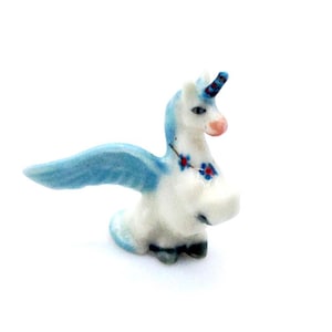 Miniature Ceramic Winged Unicorn Animal Little White Blue Figurine Tiny Statue Small Decoration Hand Painted Craft Collectible Mini Figure