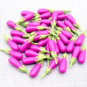 20 Miniature Dollhouse Eggplants Aubergines Clay Polymer Purple Green Vegetables Small Veggies Cute Little Fimo Food Jewelry Supplies 1/12