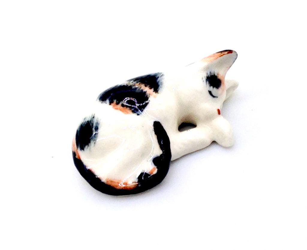 Miniature Ceramic Cat Sleeping Animal Little White Black Brown