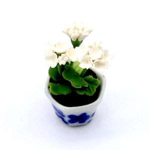Miniature Dollhouse Artificial Flower Tiny Plant Geranium White Green Clay Polymer Fimo Garden Flowers Hand Made Supplies Ceramic Pot 1/12