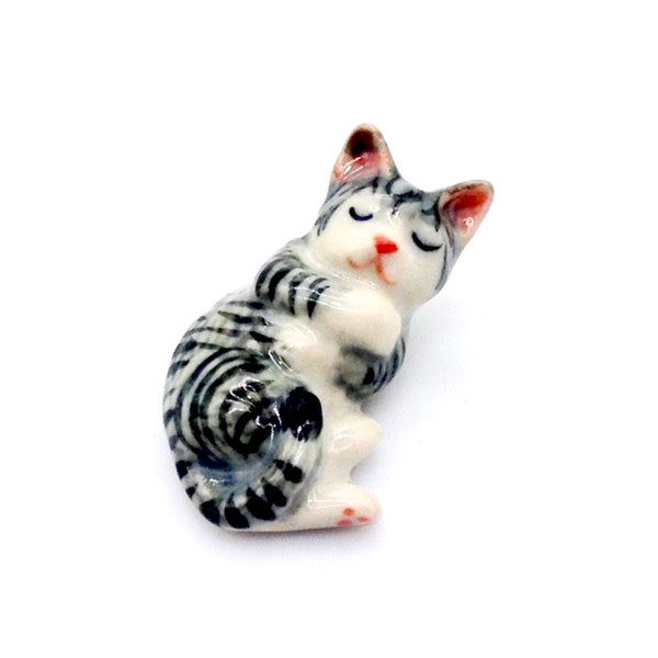 Miniature Ceramic Cat Kitty Sleeping Animal Pet Cute Little White Grey Figurine Tiny Statue Small Decoration Hand Painted Collectible Deco