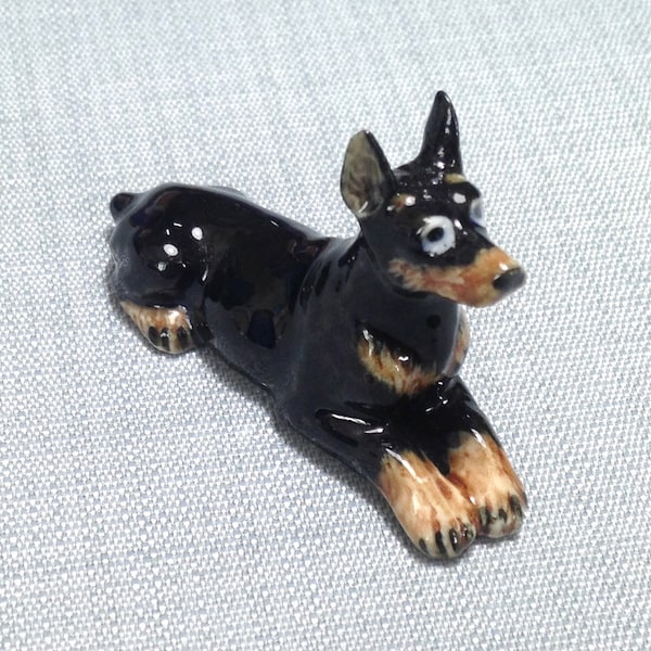 Miniature Ceramic Dobermann Doberman Dog Animal Little Black Brown Figurine Tiny Statue Small Decoration Collectible Hand Painted Figure