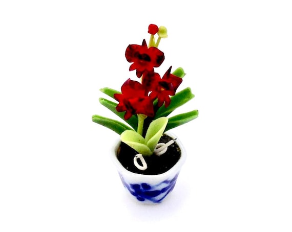 Miniature Dollhouse Flower Artificial Plant Orchid Red Green Clay Polymer  Fimo Garden Flowers Hand Made Supplies Tiny Ceramic Pot Deco 1/12