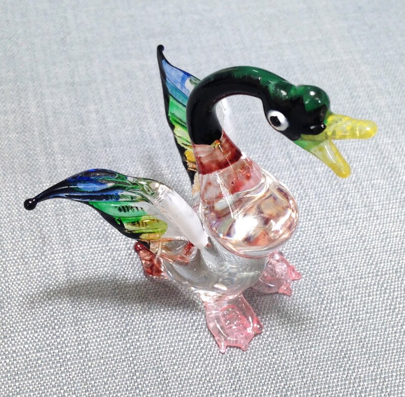 Hand Blown Glass Funny Duck Bird Animal Cute Black Green Blue Transparent Figurine Statue Decoration Collectible Small Craft Hand Painted