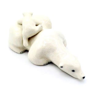 Familia de osos polares de cerámica en miniatura, animal ártico, pequeña figura blanca, estatua pequeña, decoración coleccionable, figura pintada a mano