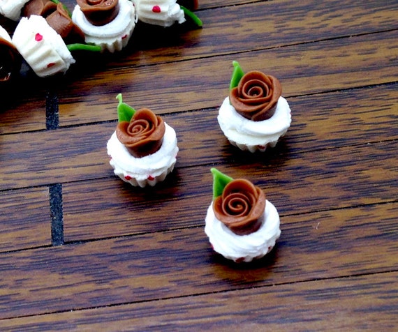 10 Miniature Dollhouse Cupcakes Clay Polymer Cake Chocolate Roses