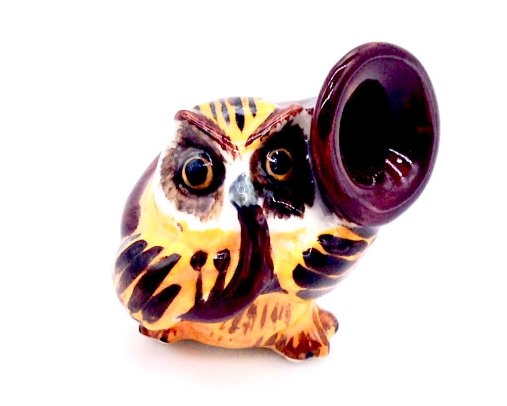 Miniature Ceramic Owl Bird Animal Musician Play Horn Little Yellow Figurine Small Statue Tiny Decora