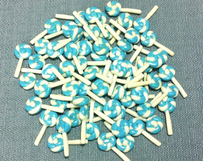 20 Miniature Lollipops Clay Polymer Blue White Round Candy Sweet Cute