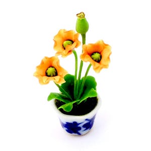 May include: A miniature potted plant with three orange flowers and green leaves in a blue and white ceramic pot.