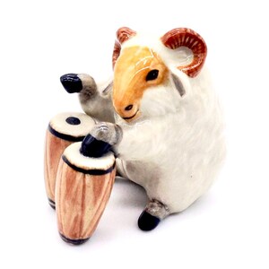 Miniature Ceramic Ram Animal Musician Play Drums Congas Little White Brown Figurine Small Statue Decoration Hand Painted Collectible Figure