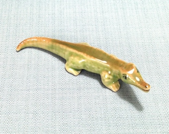 Miniature Ceramic Crocodile Alligator Reptile Animal Cute Little Green Brown Figurine Small Statue Tiny Decoration Collectible Hand Painted