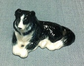 Miniature Ceramic Border Collie Dog Sitting Animal Funny Cute Little Tiny Small White Black Figurine Statue Decoration Collectible Figure