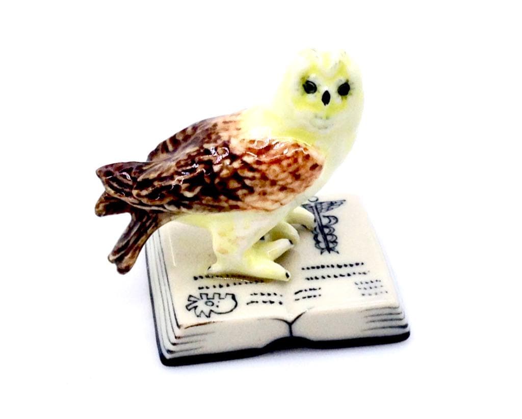 Miniature Ceramic Owl on Book Bird Animal Cute Little Yellow Brown Figurine Small Statue Decoration 