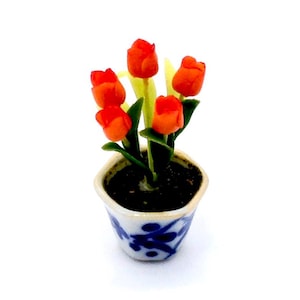 Artificial Flower Plant Tiny Tulip Orange Miniature Dollhouse Clay Polymer Fimo Garden Flowers Hand Made Supplies Ceramic Pot Decor 1/12