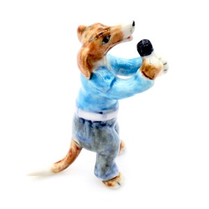 Miniature Ceramic Dog Animal Singer Musician Sing Cute Little Tiny Small Blue Brown Figurine Statue Decoration Hand Painted Collectible Deco image 2