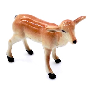 Miniature Ceramic Hind Doe Deer Female Animal Little Brown Beige Figurine Small Statue Tiny Decoration Hand Painted Collectible Figure