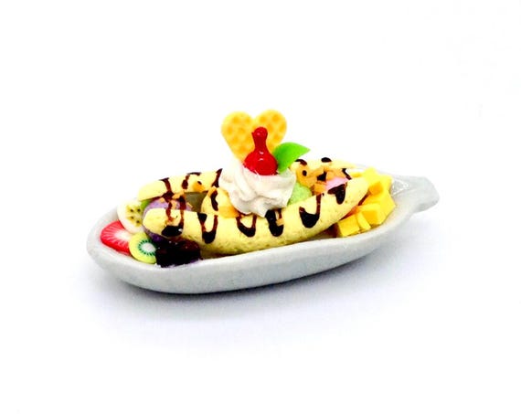 Miniature Dollhouse Banana Split Ice Cream Plate Clay Polymer Tiny
