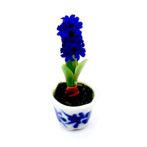 May include: A miniature blue hyacinth plant in a white and blue ceramic pot. The plant is made of polymer clay and is a realistic representation of a real hyacinth.