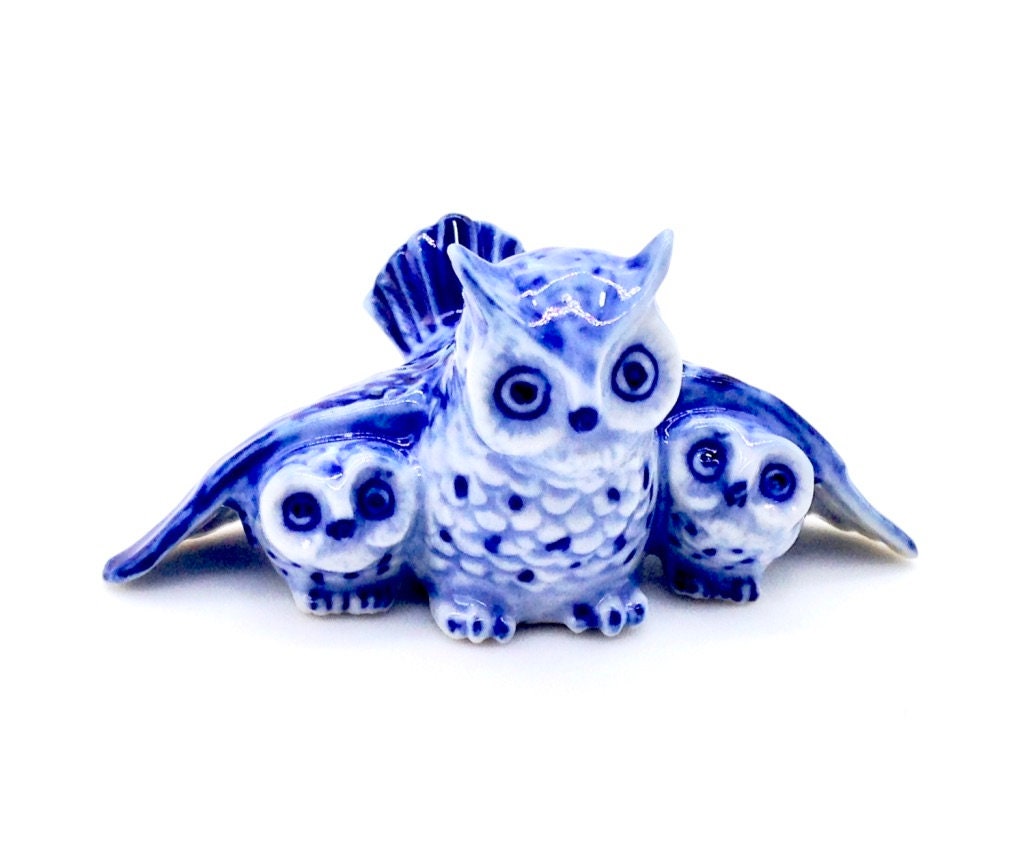 Miniature Ceramic Owl Family Mom Babies Bird Animal Little Blue White Figurine Statue Small Decorati
