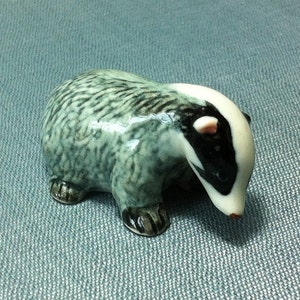 Miniature Ceramic Badger Sitting Animal Cute Little Grey White Black Figurine Small Statue Tiny Decoration Collectible Hand Painted Figure
