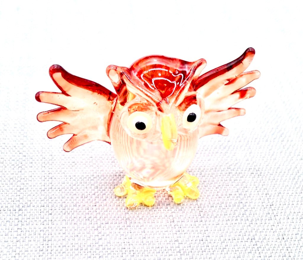 Miniature Hand Blown Glass Funny Baby Owl Wings Bird Animal Cute Tiny Brown Figurine Statue Decorati