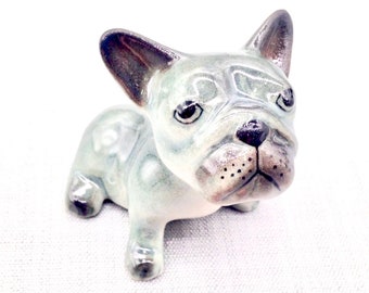 Miniature Ceramic Dog French Bulldog Puppy Pet Animal Cute Little Grey Small Statue Tiny Decoration Craft Collectible Hand Painted Figure