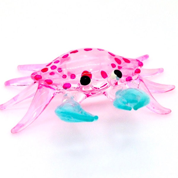 Hand Blown Glass Miniature Crab Animal Cute Pink Blue Figurine Small Statue Tiny Decoration Collectible Little Craft Hand Painted Figure