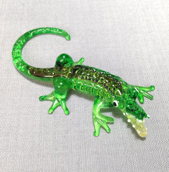Blown Glass Figurine Art Animal Small Reptile Green Alligator Crocodile