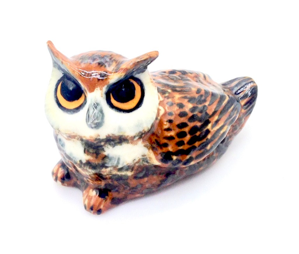 Miniature Ceramic Owl Bird Sitting Animal Little Funny Brown White Figurine Small Statue Decoration 