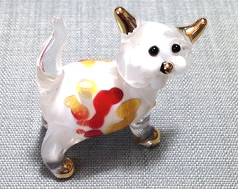 Hand Blown Glass Miniature Cat Kitty Animal White Red Yellow Small Figurine Statue Decoration Collectible Small Craft Hand Painted Figure