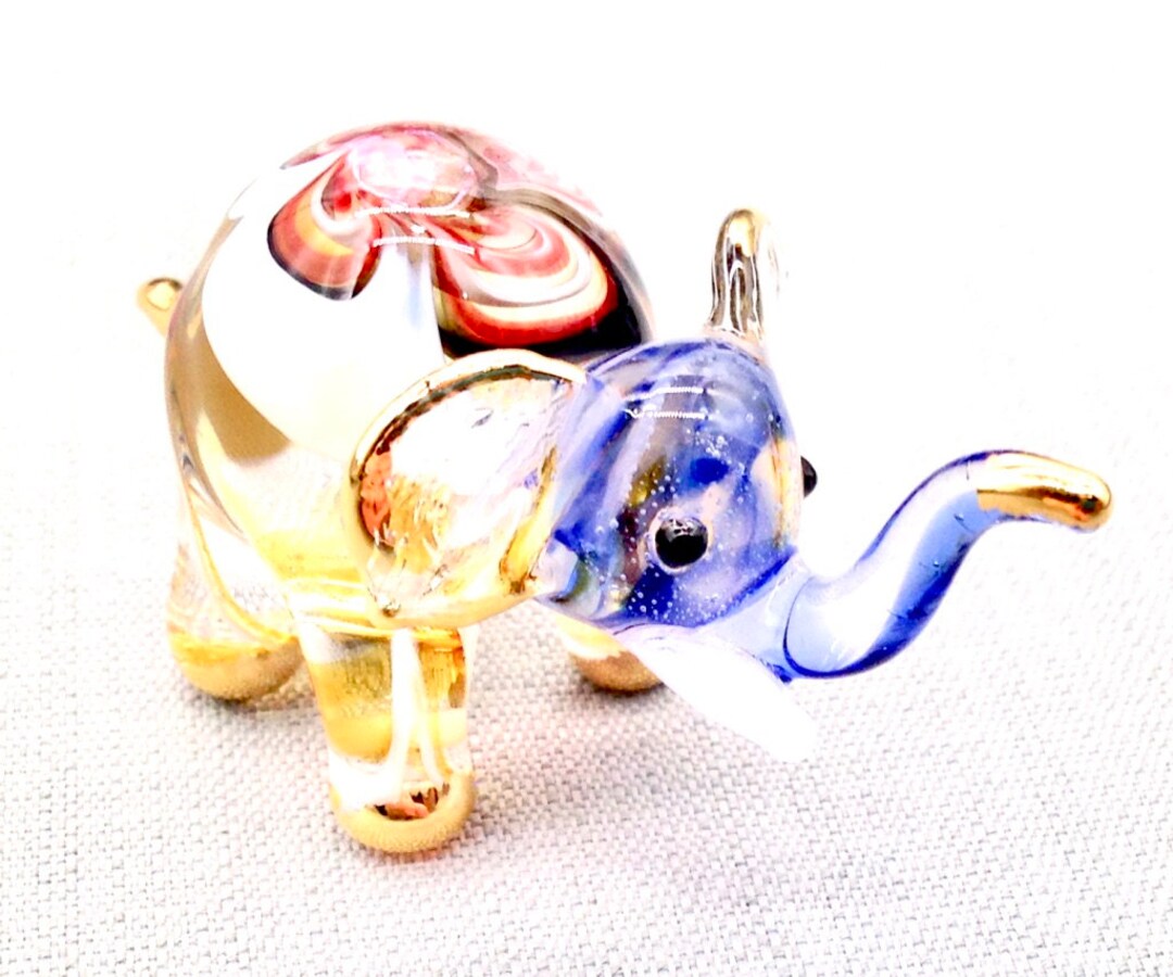 Hand Blown Glass Elephant Animal Cute Miniature Blue Brown Red Figurine