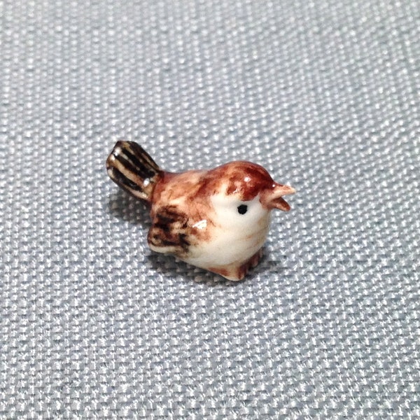 Miniature Ceramic Chickadee Bird Animal Cute Little White Brown Black Figurine Tiny Statue Small Decoration Hand Painted Collectible Craft