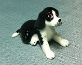 Miniature Ceramic Female Spaniel Dog Sitting Animal Cute Little Tiny Small White Black Figurine Statue Decoration Collectible Hand Painted
