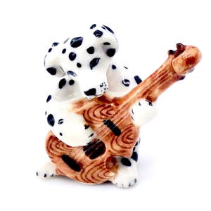 Miniature Ceramic Dalmatian Dog Playing Guitar Music Animal Cute Tiny White Black Figurine Statue Decoration Collectible Hand Painted Figure