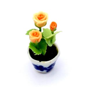 Miniature Dollhouse Flower Artificial Plant Rose Orange Clay Polymer Fimo Garden Flowers Hand Made Supplies Tiny Ceramic Pot Decor Deco 1/12