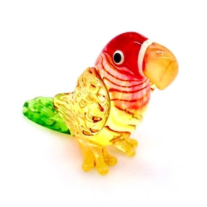 Miniatura in vetro soffiato a mano, pappagallo, uccello, animale, arancione, giallo, verde, statuetta, piccola statua decorativa da collezione, artigianato dipinto, piccola figura