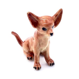 Miniature Ceramic Dog Chihuahua Sitting Animal Little Brown Figurine Small Statue Tiny Decoration Hand Painted Craft Collectible Figure Deco