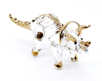 Miniature Hand Blown Glass Dinosaur Triceratops Jurassic Animal Transparent Figurine Statue Decoration Collectible Small Craft Painted Deco