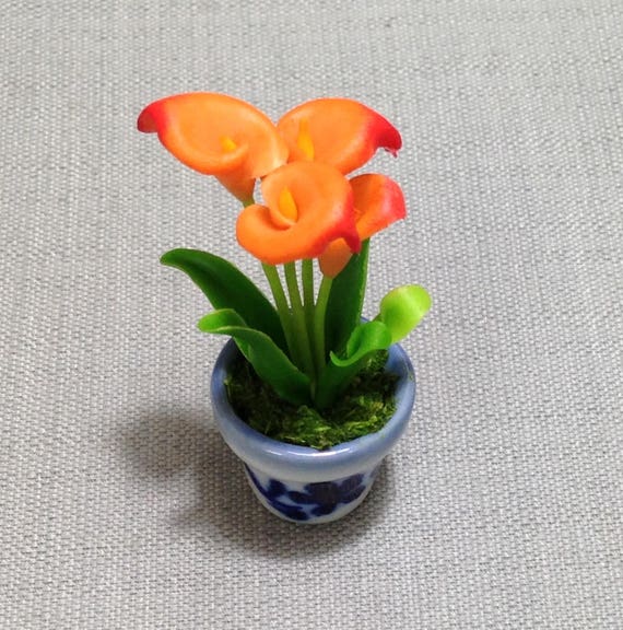 Red Calla Lily Handmade Clay Flower in Pot Dollhouse Miniature Garden Tiny