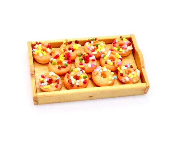Miniature Dollhouse Donuts Wooden Tray Wood Dish Clay Polymer Food