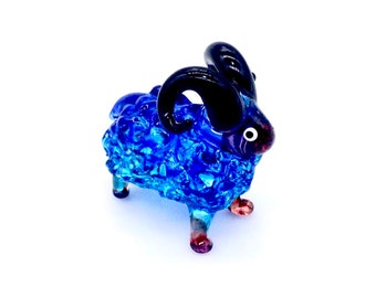 Hand Blown Glass Miniature Funny Ram Aries Sheep Animal Cute Blue Brown Black Figurine Statue Decoration Collectible Small Craft Painted